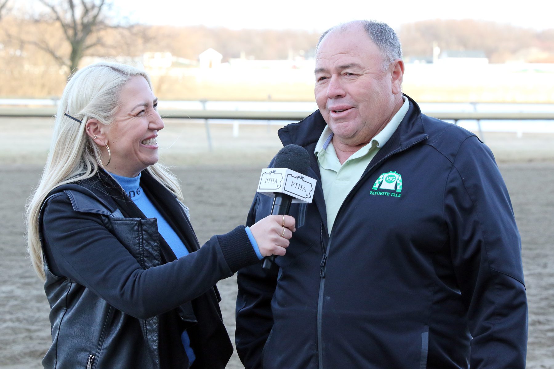 Dani Gibson with the PTHA interviews Guadalupe Preciado after Scaramouche wins The Rittenhouse Square at Parx on March 8, 2022. Photo By: Chad B. Harmon