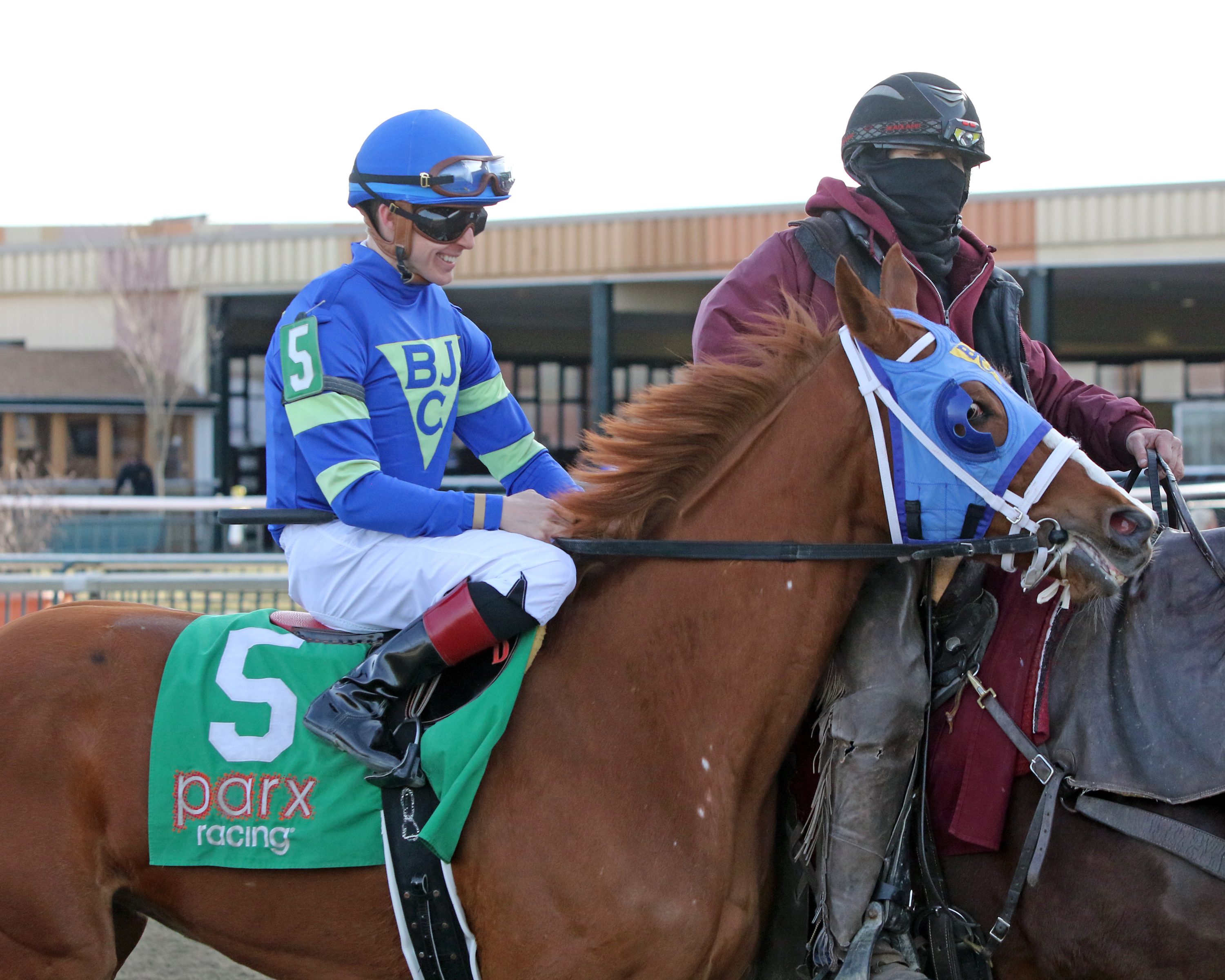 Kisses for Emily with Dylan Davis in the post parade prior to winning The Society Hill at Parx on March 8, 2022. Photo By: Chad B. Harmon