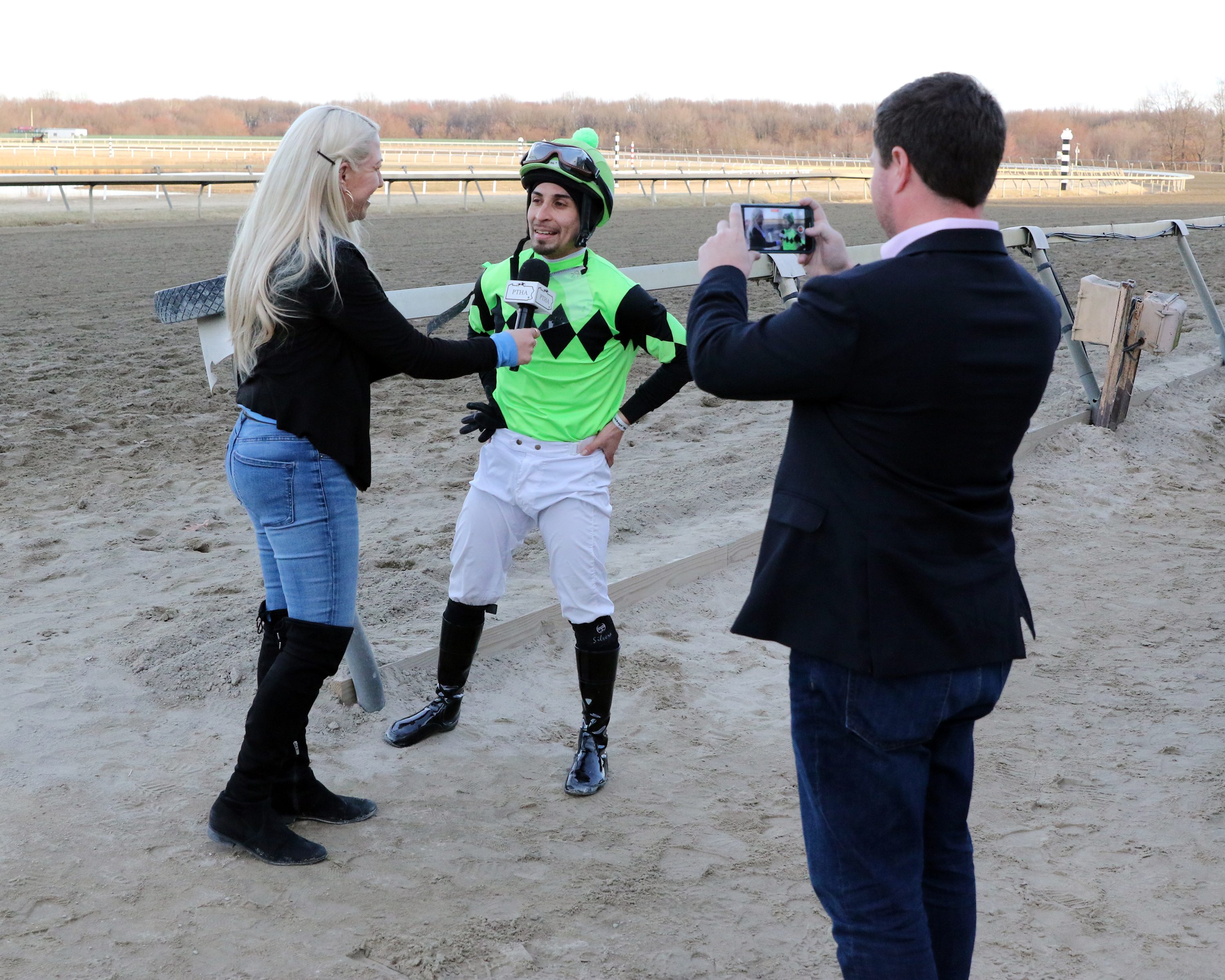 Dani Gibson with the PTHA interviews Ruben Silvera after Twisted Ride wins The City of Brotherly Love at Parx on March 8, 2022. Photo By: Chad B. Harmon
