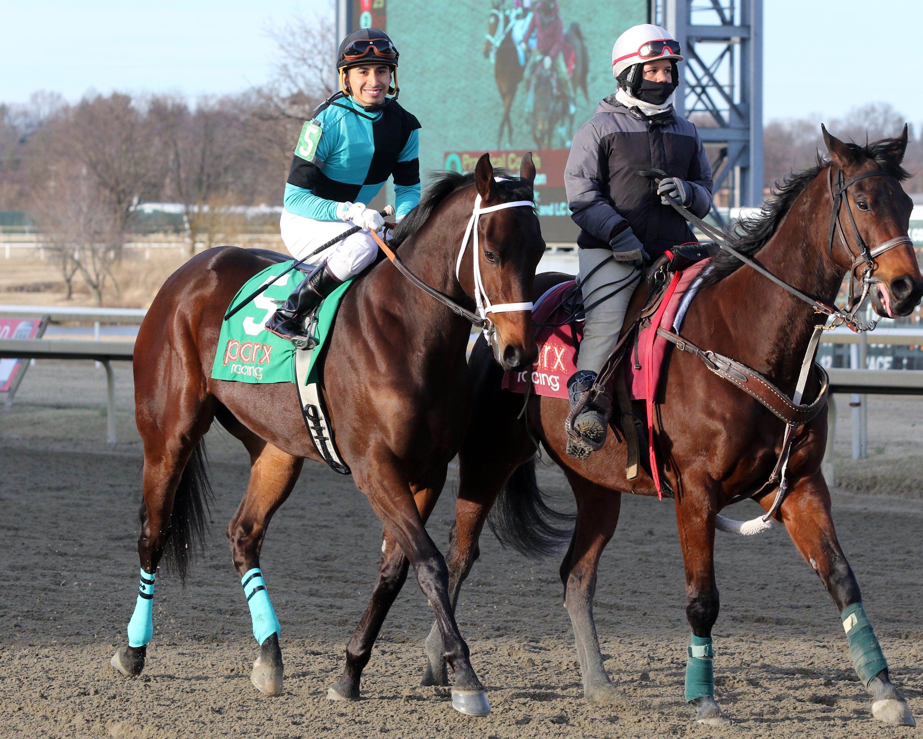 Scaramouche with Silvestre Gonzalez in the post parade prior to winning The Rittenhouse Square at Parx on March 8, 2022. Photo By: Chad B. Harmon
