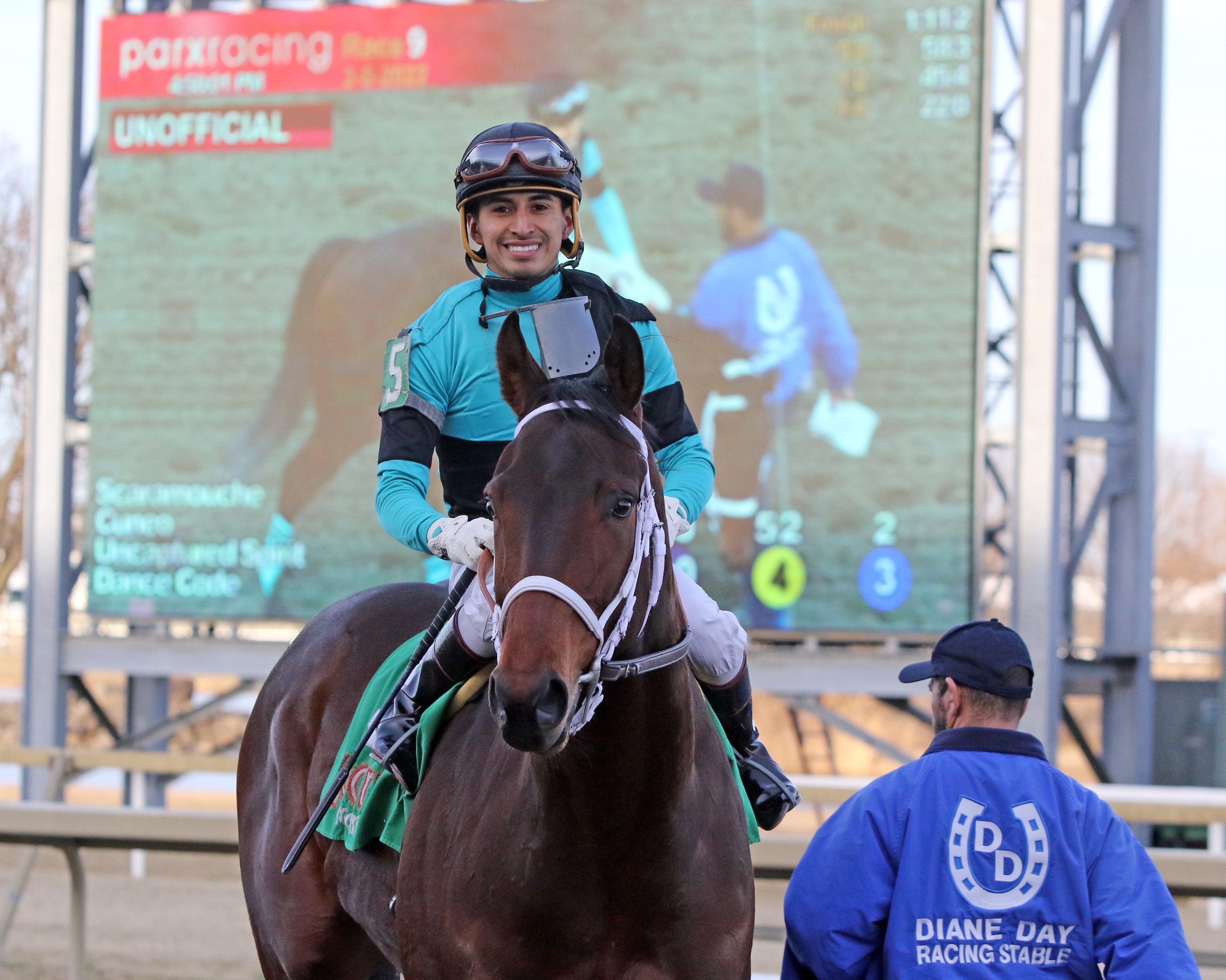 Scaramouche with Silvestre Gonzalez after winning The Rittenhouse Square at Parx on March 8, 2022. Photo By: Chad B. Harmon