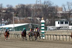 Mr Fantasy with Gerardo Milan lead the field in the stretch of Race 2 at Parx on March 8, 2022. Photo By: Chad B. Harmon